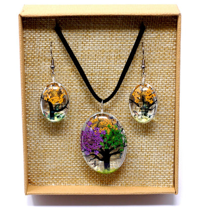 PENDIENTES Y COLLAR DE FLORES PRENSADAS - ÁRBOL DE LA VIDA COLORES MEZCLADOS