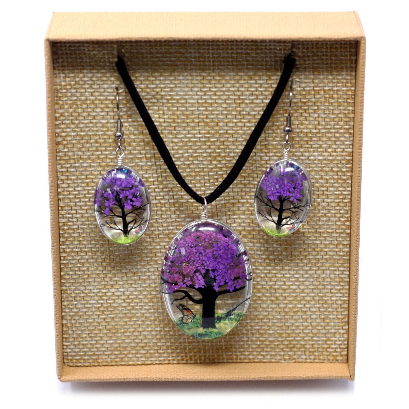 PENDIENTES Y COLLAR DE FLORES PRENSADAS - ÁRBOL DE LA VIDA LAVANDA