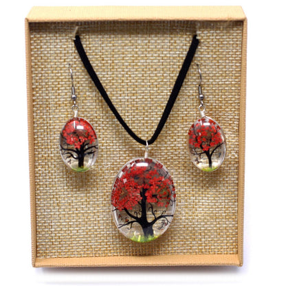 PENDIENTES Y COLLAR DE FLORES PRENSADAS - ÁRBOL DE LA VIDA CORAL
