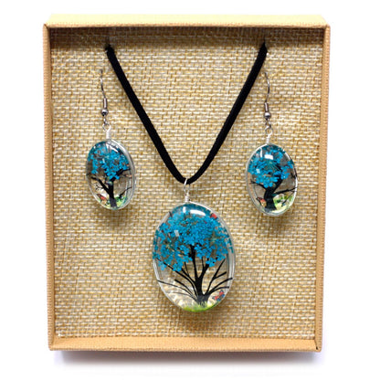 PENDIENTES Y COLLAR DE FLORES PRENSADAS - ÁRBOL DE LA VIDA AZUL