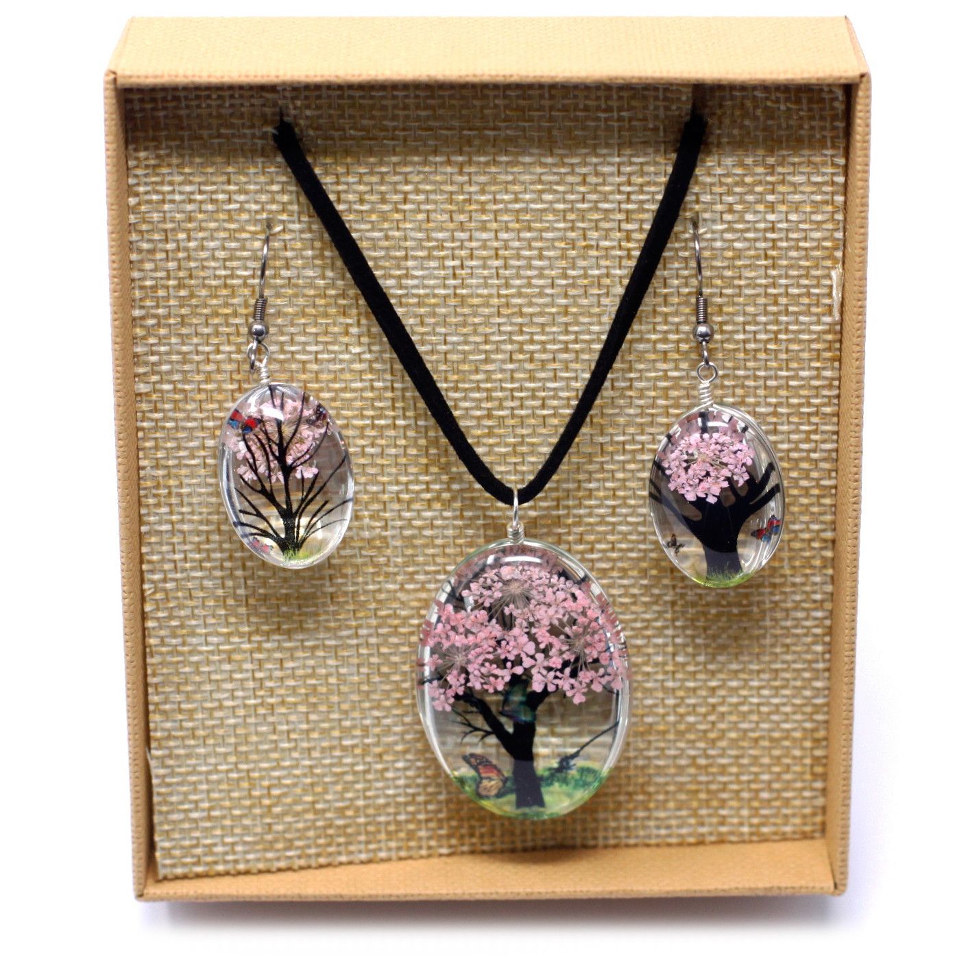 PENDIENTES Y COLLAR DE FLORES PRENSADAS - ÁRBOL DE LA VIDA ROSA
