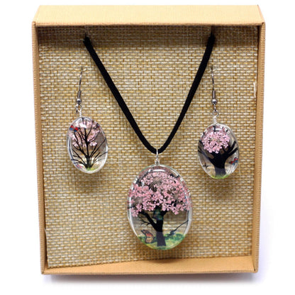 PENDIENTES Y COLLAR DE FLORES PRENSADAS - ÁRBOL DE LA VIDA ROSA