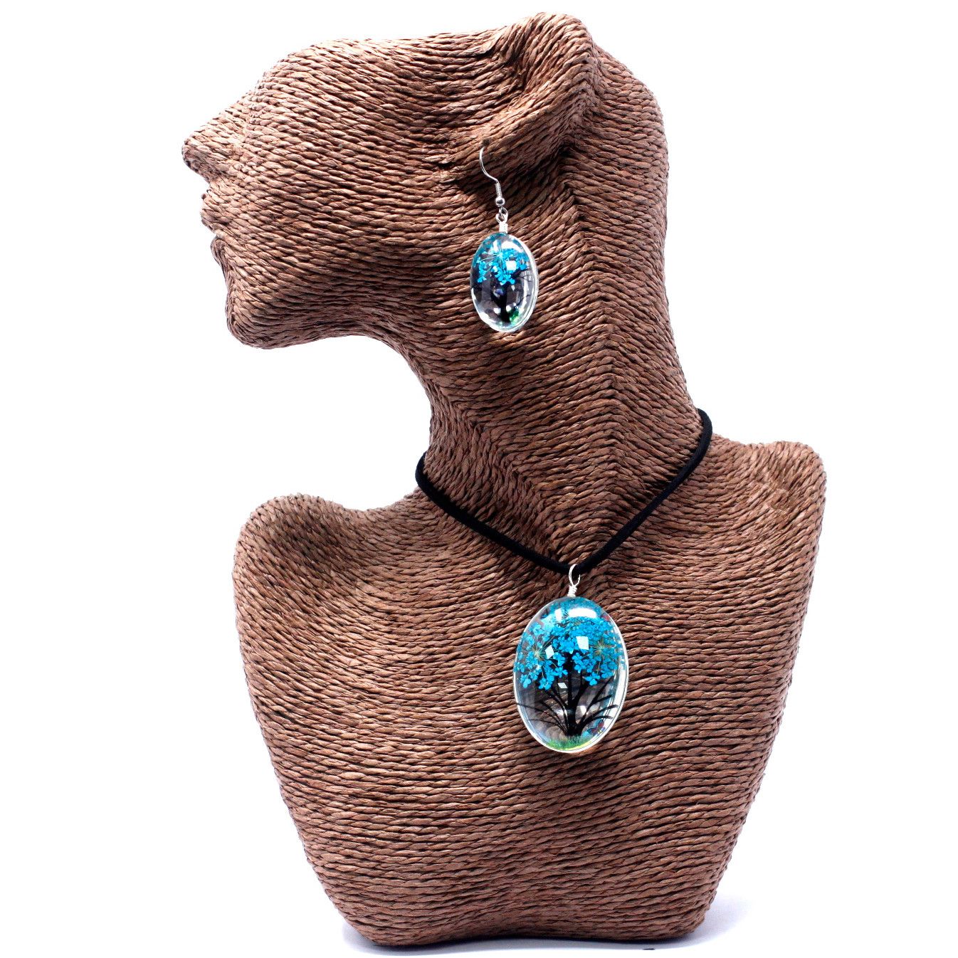 PENDIENTES Y COLLAR DE FLORES PRENSADAS - ÁRBOL DE LA VIDA AZUL