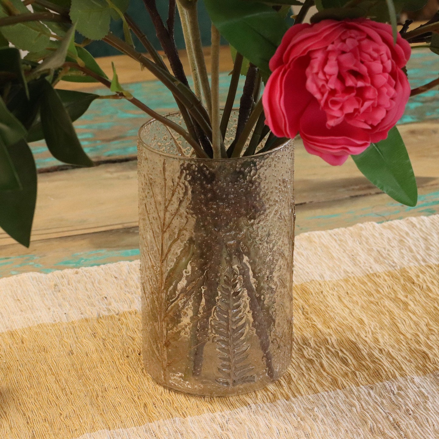 PORTAVELAS FLORAL DE VIDRIO - PINO (19x11cm)